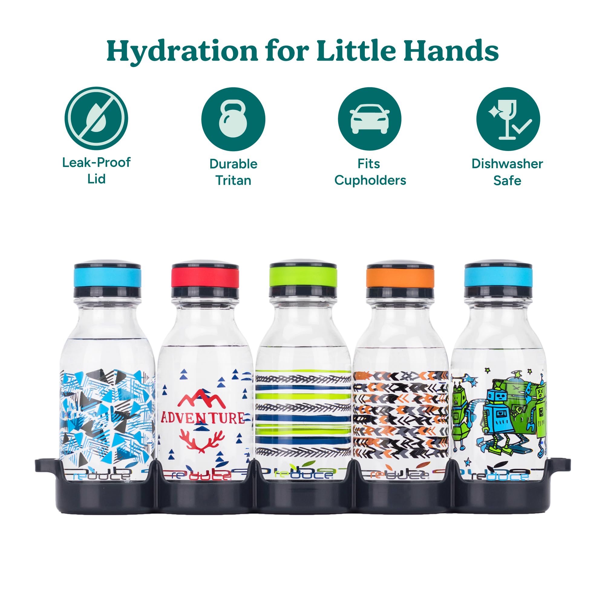 REDUCE WaterWeek Refillable Water Bottles  14 oz - Includes 5 WaterWeek Leak Proof Tritan Reusable Water Bottles - Includes Fridge Tray For Your Water Bottles - Adventure